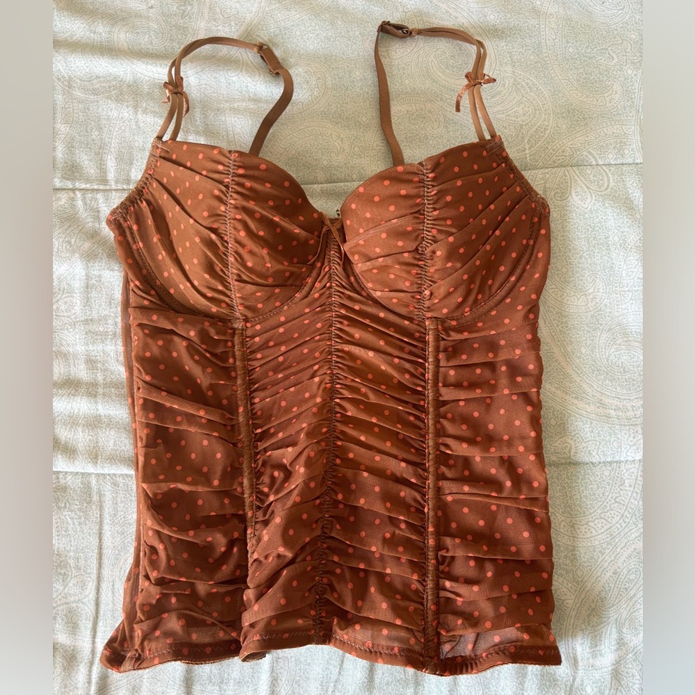 Brown and peach polka dot mesh corset top